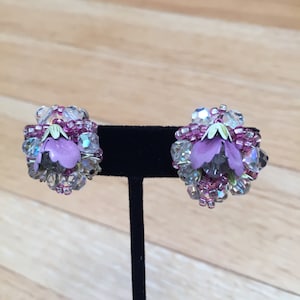 Lavender Fields - Vintage 1950s 1960s Lavender Enamel Facet Cut Glass AB Dipped Beaded Clip Earrings