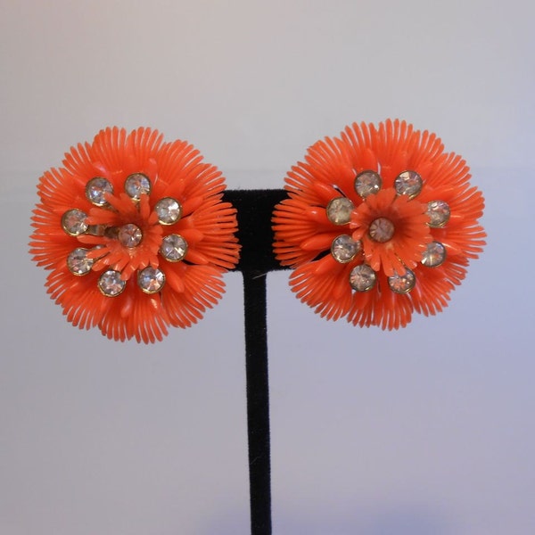 Fort Lauderdale Beach Time - 1950s Bright Orange Soft Plastic Floral Mini Feather Tip Clip on Earrings w/Rhinestones