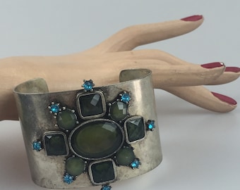 Ankhesenamun's Reign - Vintage 1990s Sea Green Marine Green Cabochon Rhinestone Cuff Bracelet