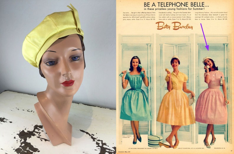 Telephone Belle Vintage 1960s Canary Yellow Rayon Beret Hat image 2