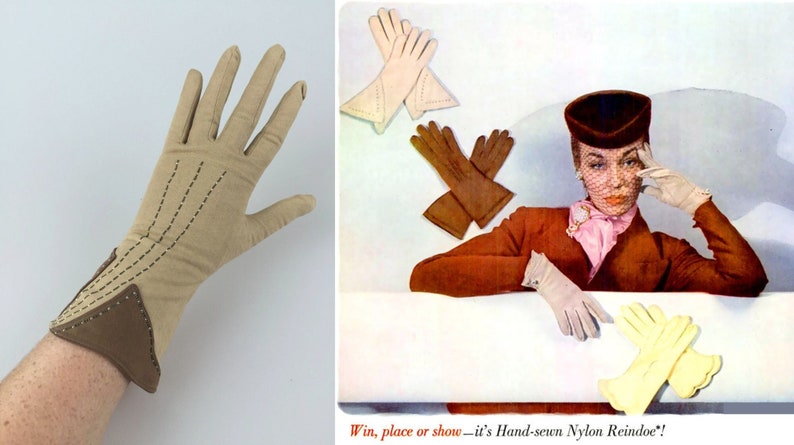 In Town or Partying Vintage 1940s 1950s Sandy Beige & Caramel Over Wrist Gloves 6.5/7 image 1