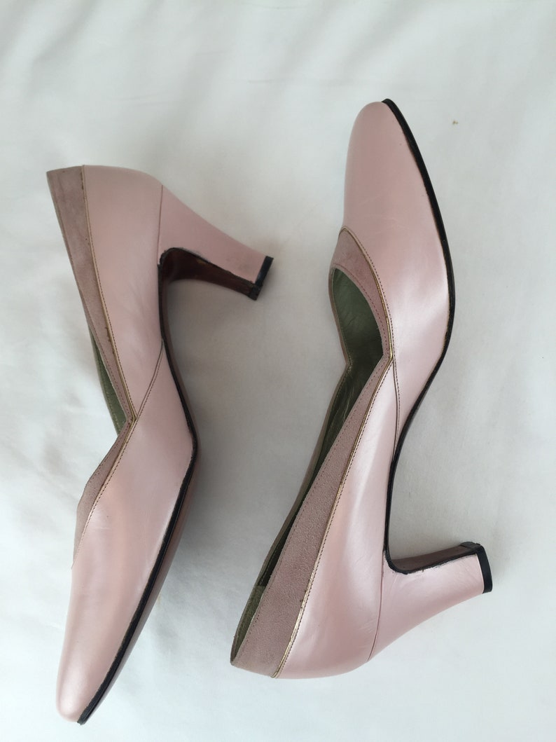 Fashion Made Easy Vintage 1960s NOS Shell Pink Muted Pearl & Nubuck Leather Heels 7.5/8AA image 7