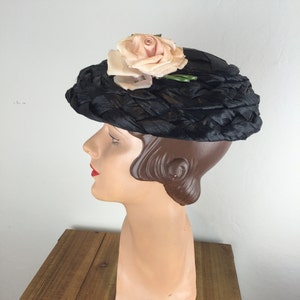 Always the Right Look - Vintage 1950s Jet Black Raffia Straw Mushroom Wide Brim Hat w/Rose Detail