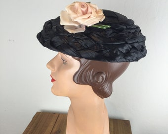 Always the Right Look - Vintage 1950s Jet Black Raffia Straw Mushroom Wide Brim Hat w/Rose Detail