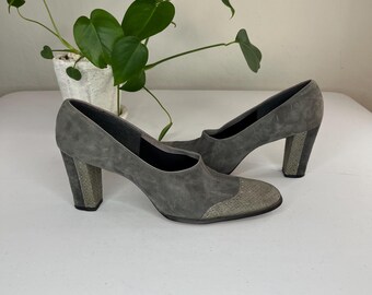 Shoulder Pad Runways - Vintage 1980s Balenciaga Suede & Reptile Heels Pumps - 10 S