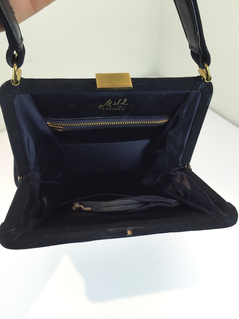 Stylish Ladies of '48 Vintage 1940s 1950s Michel of Coronet Navy Blue Suede Leather Tall Slender Handbag Purse image 8