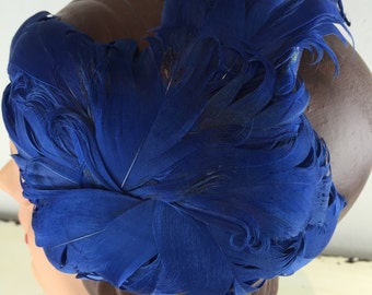 Upon Royal Locks - Vintage 1950s Royal Blue Curled Feather Cookie Cutter Hat Fascinator