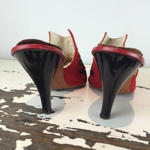 Summertime in Venice Vintage 1950s Lipstick Red Nubuck Leather Slide Mule Heels w/Black Soutache RARE 9B image 6