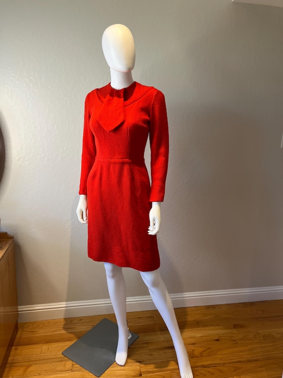 Fall Fashion - Vintage 1960s Tomato Red Textured Wool Wiggle Dress - 2