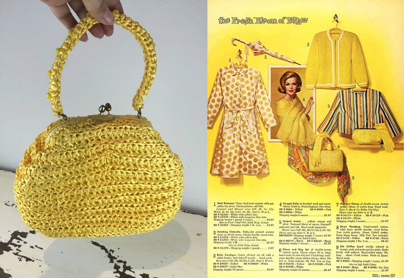 The Fresh Bloom of Yellow Vintage 1960s Bright Yellow Raffia Straw Pouch Handbag Purse image 2