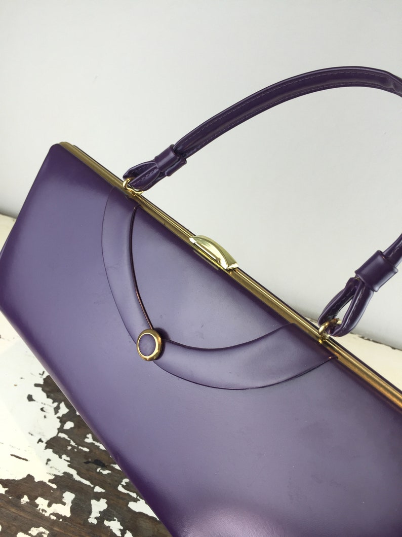 Vintage 1950s 1960s Dark Purple Plum Faux Leather Baguette Handbag Purse The Long /& Short of It Rare Colour