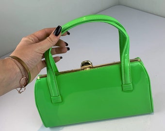 Basic Dressed But Well Dressed - Vintage 1960s Bright Green Faux Patent Leather Mini Barrel Handbag Purse