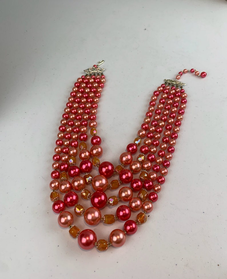 Awaiting Spring Vintage 1950s 1960s Coral & Amaranth Pink Pearl Beads 5 Strand Necklace image 1