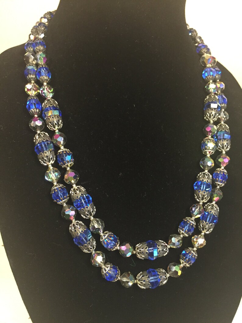 The Blue Danube Vintage 1950s Coro Vendome Cobalt Blue AB Crystal Necklace Earrings Set Rare image 2