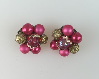 Boucles D'oreilles Clip Vintage En Celluloïd Rose Et Plastique Doré, Années Rétro, Sans Pierre