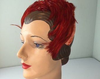 Life of the Party - Vintage 1950s Amber Orange Soft Feather Headband Velvet Fascinator Half Hat
