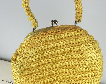 The Fresh Bloom of Yellow - Vintage 1960s Bright Yellow Raffia Straw Pouch Handbag Purse