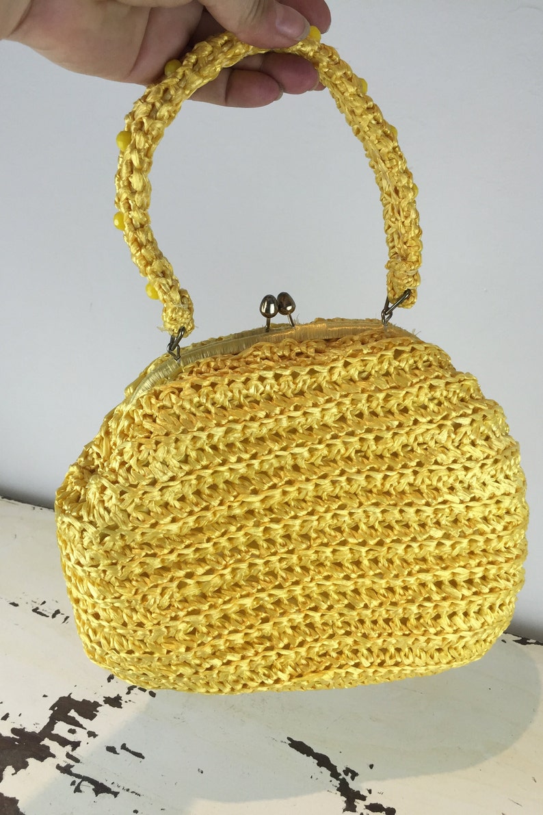 The Fresh Bloom of Yellow Vintage 1960s Bright Yellow Raffia Straw Pouch Handbag Purse image 1