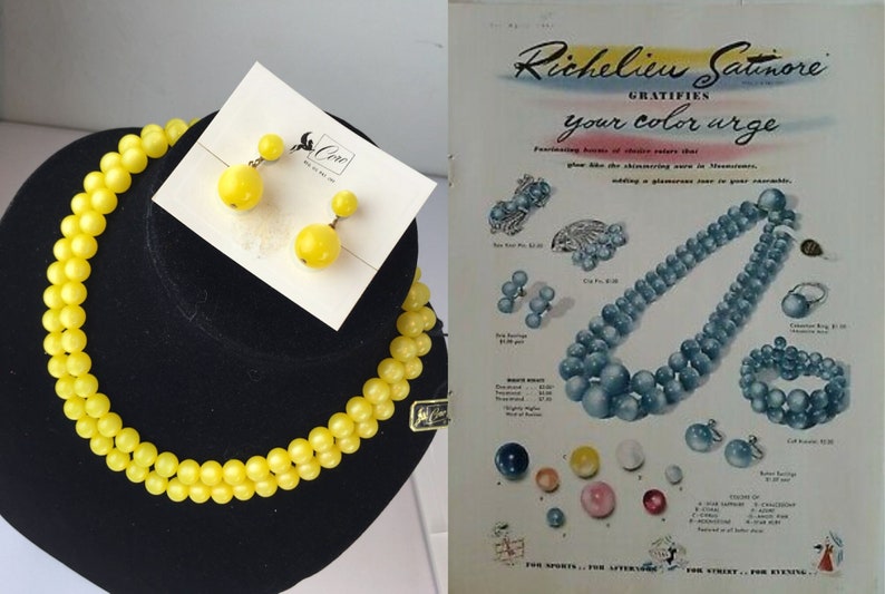Moon Beam Moments Vintage 1950s NOS Coro Yellow Moonglow Lucite Beads Necklace & Earring Set image 2