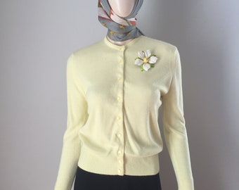 It Was Cocktail Time Somewhere - Vintage 1950s Banana Yellow Cashmere Wool Cardigan - Small