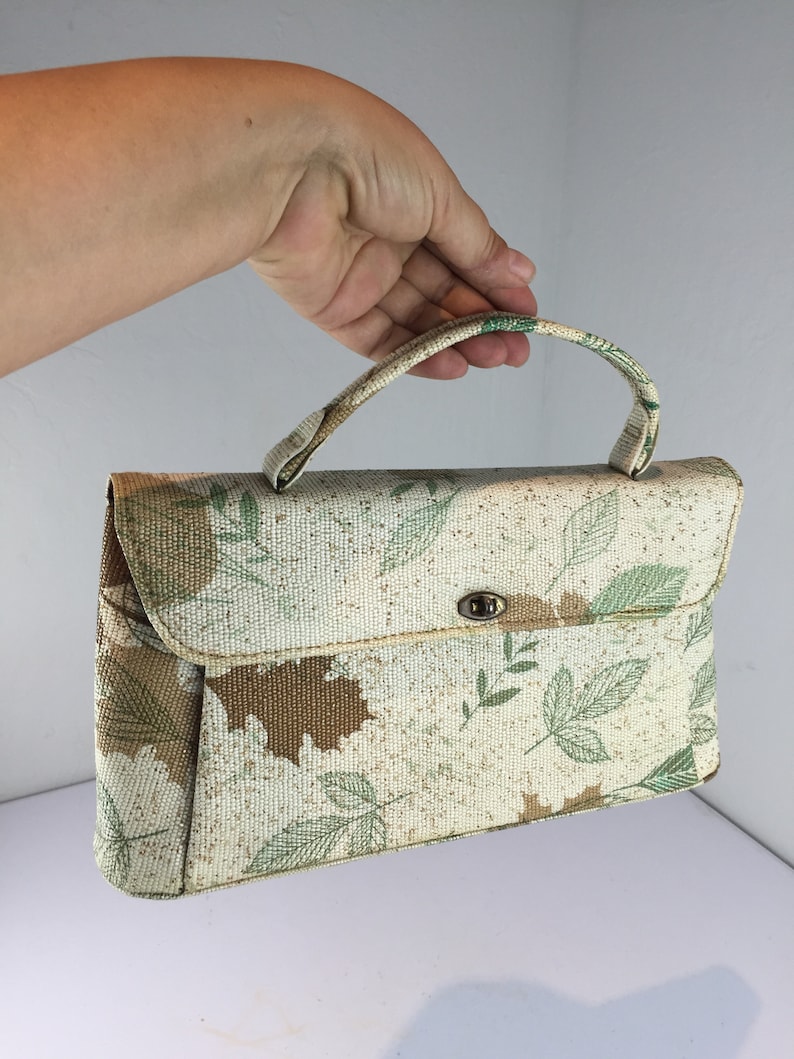 The Changing of the Seasons Vintage 1950s 1960s Pistachio Green & Gold Print Texture Vinyl Long Handbag Purse image 1