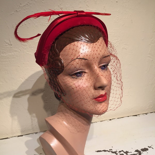 Was It Too Much She Thought? - Vintage 1950s True Red Velvet Caplet Hat w/Netting & Feather