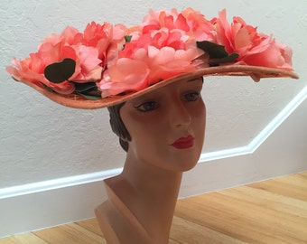 Double Summer Time - Vintage 1940s 1950s Orange Wide Brim Hat w/Coral Pink Cabbage Roses on Lattice Work