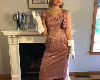 The Most Beautiful Kisses - Vintage 1950s Mauve Pink Lace Dress w/Rhinestone Faux Pearl Detail - 4/6