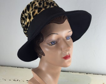 Coquettishly, She Advanced - Vintage 1960s Faux Fur Leopard & Black Wool Felt Lampshade Bucket Hat