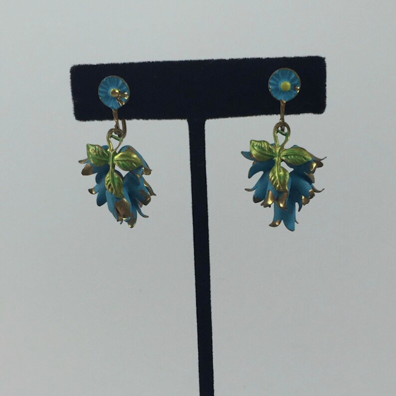 The Wings of a Dove Vintage 1890s 1900s Edwardian Blue & Green BlueBells Painted on Brass Screw Back Earrings Rare image 1