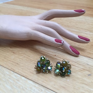 Subtle Sparkles Vintage 1950s 1960s Vendome Olive Fern Green Cut Crystal Glass Clip Earrings image 1