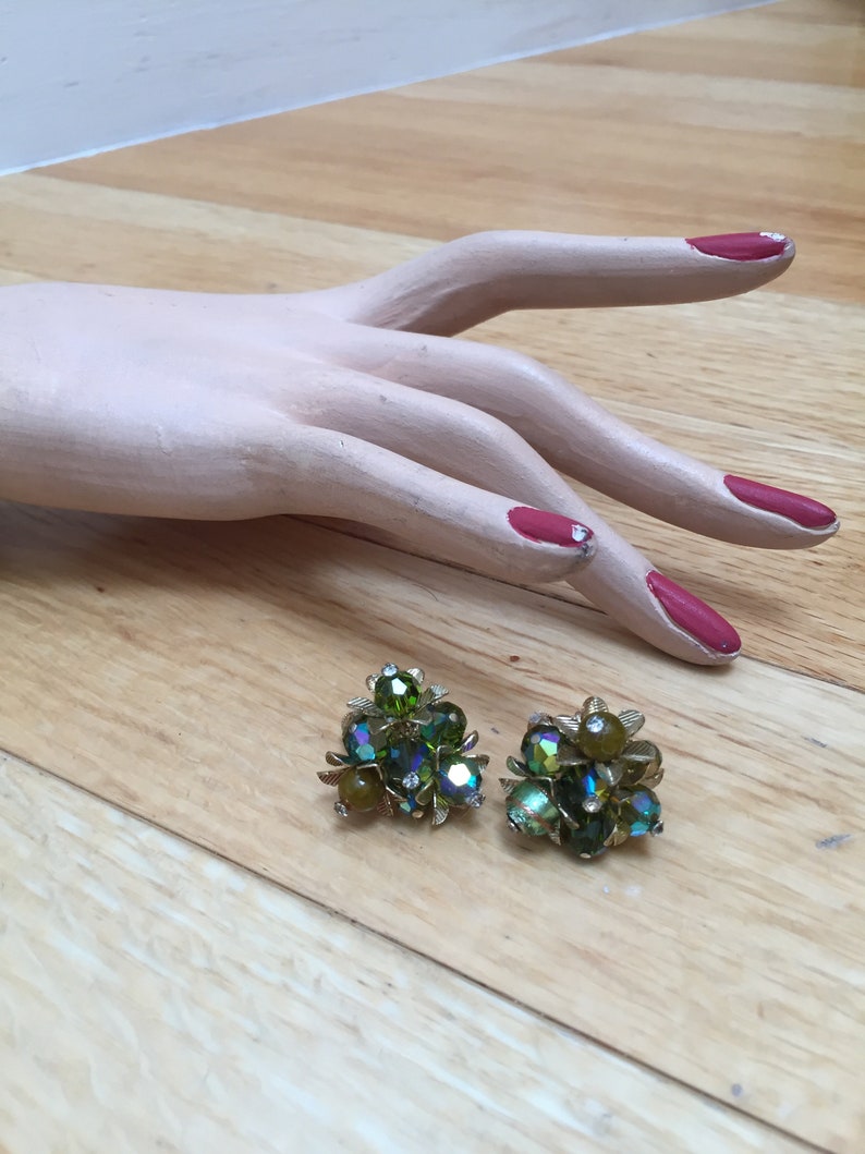 Subtle Sparkles Vintage 1950s 1960s Vendome Olive Fern Green Cut Crystal Glass Clip Earrings image 1