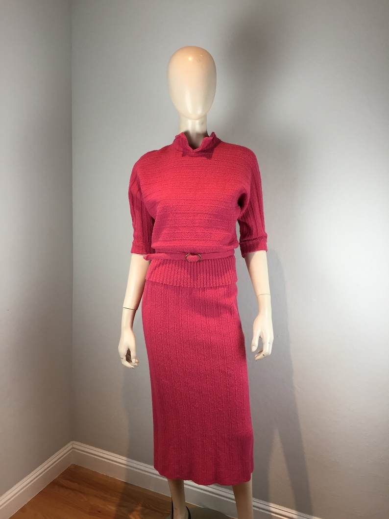 Agnes & Penny Have a Powerful Punch Vintage 1950s Bermuda Punch Pink Wool Knit Sweater Skirt Set M image 1