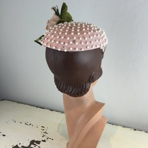 Yet....She Thought She Had Vintage 1950s Pale Pink White Bead & Rhinestone Mini Pancake Hat w/Standing Rose image 7