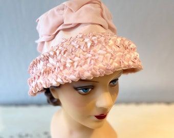 Quick as a Pink Wink - Vintage 1950s 1960s Pale Pink Raffia Bucket Lampshade Hat w/Pink Ribbon Crown