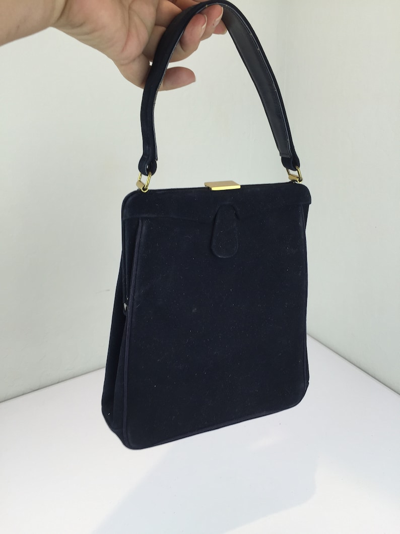 Stylish Ladies of '48 Vintage 1940s 1950s Michel of Coronet Navy Blue Suede Leather Tall Slender Handbag Purse image 4