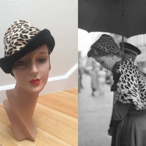 Avenue Book Browsing Vintage 1950s 1960s Faux Fur Leopard Cloche Beehive Slouch Convertible Hat image 2