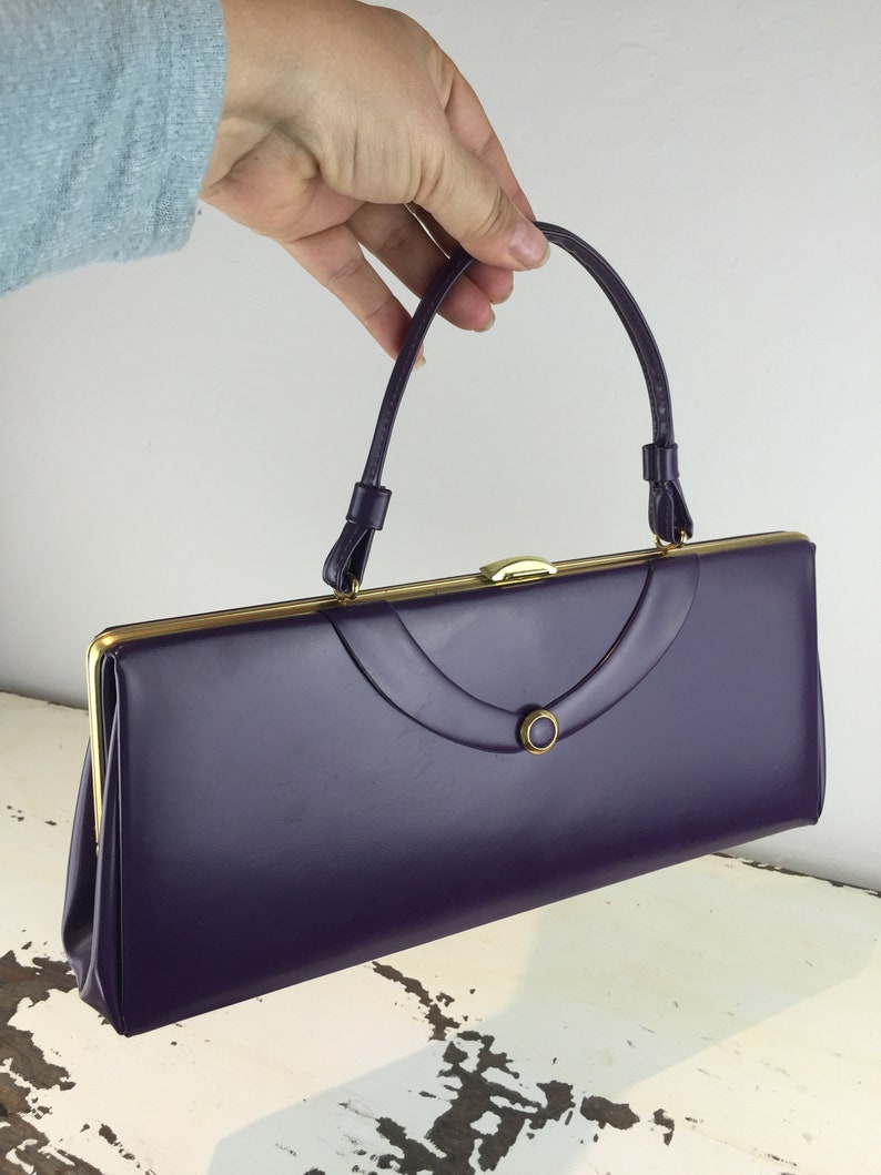 Vintage 1950s 1960s Dark Purple Plum Faux Leather Baguette Handbag Purse The Long /& Short of It Rare Colour