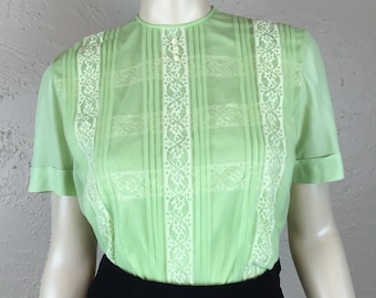 The Lime Rickie - Vintage 1940s 1950s Lime Green Double Sheer Nylon Lace Blouse - 34