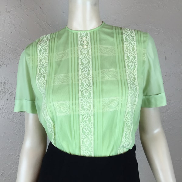 The Lime Rickie - Vintage 1940s 1950s Lime Green Double Sheer Nylon Lace Blouse - 34