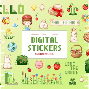 Peut inclure: Une collection d'autocollants numériques en pixel art avec des illustrations sur le thème du jardin, incluant des lapins, une fille, un chapeau de paille, des fraises, des fleurs, une tarte, un arbre et des bottes vertes. Texte : HELLO, BEAUTIFUL EARTH.