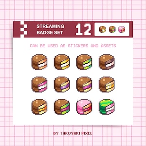 Puede incluir: Un conjunto de arte digital en píxeles con 12 insignias circulares tipo pastel con rellenos de varios colores. El encabezado dice STREAMING BADGE SET 12 y CAN BE USED AS STICKERS AND ASSETS. El texto inferior dice BY TAKOYAKI PIXEL sobre fondo blanco.