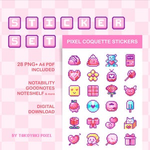 May include: A digital sticker set with pixel art graphics in shades of pink and white. The set includes various pixelated images such as hearts, flowers, and a teddy bear. The text "STICKER SET" is displayed at the top, with "PIXEL COQUETTE STICKERS" below.