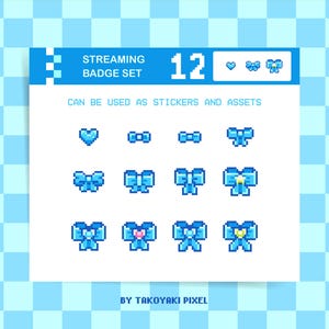 Blue Bow Twitch Sub/Bit Badges, Pixel Art Coquette Emotes, Ribbon Stickers, Kick Streaming