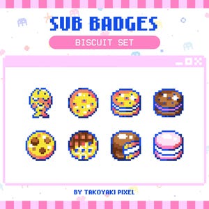 Retro Game Dessert Twitch Sub Badges | Pixel Art Biscuits & Chocolate Cookies | Kawaii Sweet Bakery Food Subscriber Badges Set for Streamers