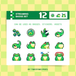 Può includere: Un set digitale di 12 icone di rane in pixel art con varie espressioni e pose. Il testo dell'intestazione recita STREAMING BADGE SET 12, con il sottotesto CAN BE USED AS BADGES, STICKERS, ASSETS e il credito BY TAKOYAKI PIXEL in basso.