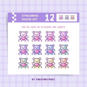 Pode incluir: Um conjunto de 12 emblemas de streaming com ursinhos de pelúcia pixelizados em várias cores pastel, cada um segurando um coração. O texto "STREAMING BADGE SET" e "CAN BE USED AS STICKERS AND ASSETS" é exibido. O nome do artista, "BY TAKOYAKI PIXEL", também é visível.