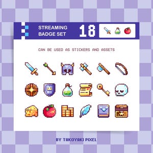 Puede incluir: Un conjunto de 18 insignias de transmisión en pixel art. Las insignias incluyen una espada, una poción, una manzana, un escudo, un casco, un hacha, un arco y otros iconos de temática fantástica. También se incluye el texto "STREAMING BADGE SET" y "CAN BE USED AS STICKERS AND ASSETS".