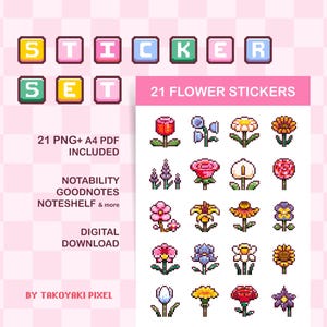 Flowers Digital Stickers / Sticker Sheet / Pixelart Style / Pixel Art Planner Sticker