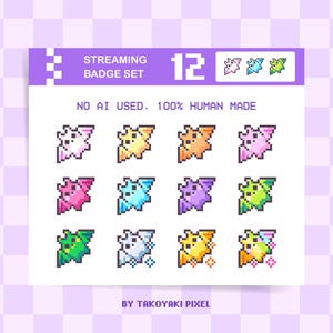May include: A set of 12 pixel art bat streaming badges in various colors including pink, yellow, orange, blue, purple, and green. The header reads STREAMING BADGE SET 12, and the text NO AI USED. 100% HUMAN MADE is displayed. The footer reads BY TAKOYAKI PIXEL.